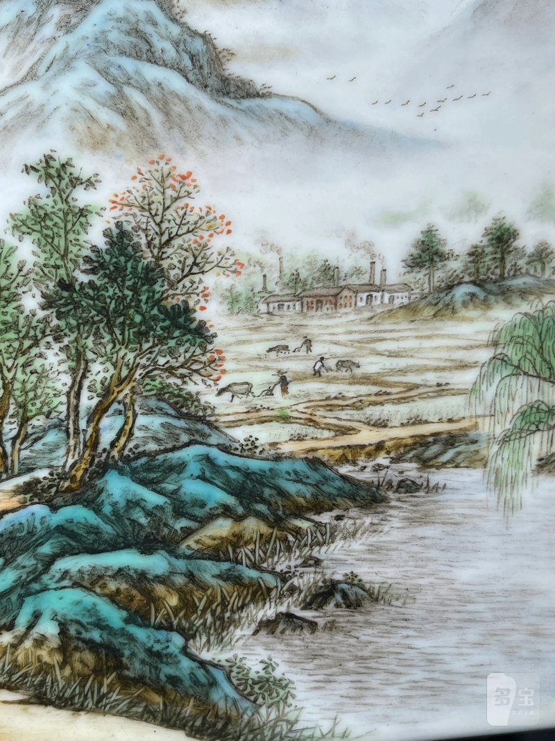 1962年 游海滨画粉彩春耕图琮式瓶 - 图9
